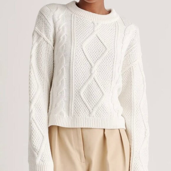 Quince Sweaters - Quince 100% Organic Cotton Cropped Cable Crew Sweater | Ivory | S